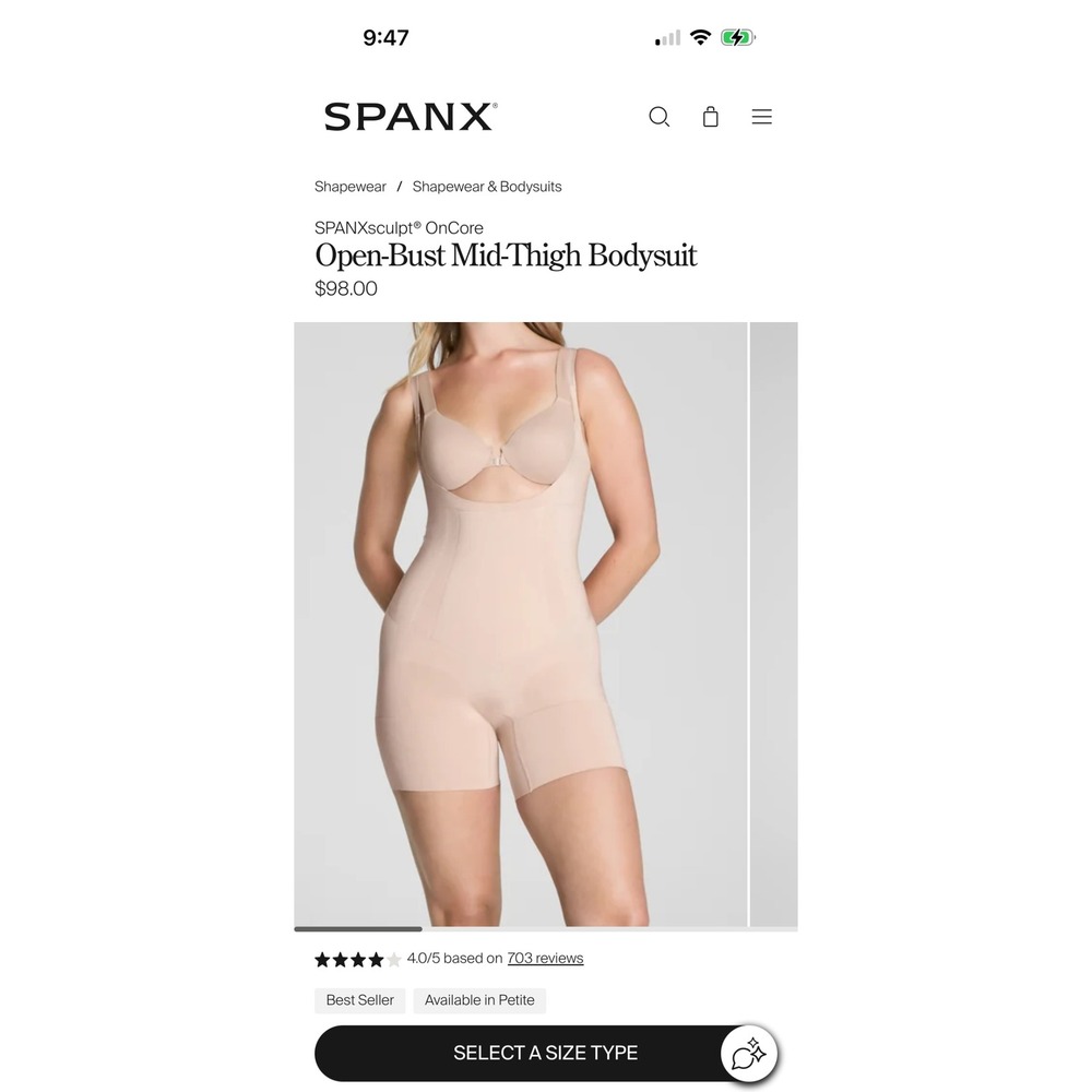 Spanx OnCore Open-Bust Mid-Thigh Bodysuit Soft Nude 10130R Womens L
